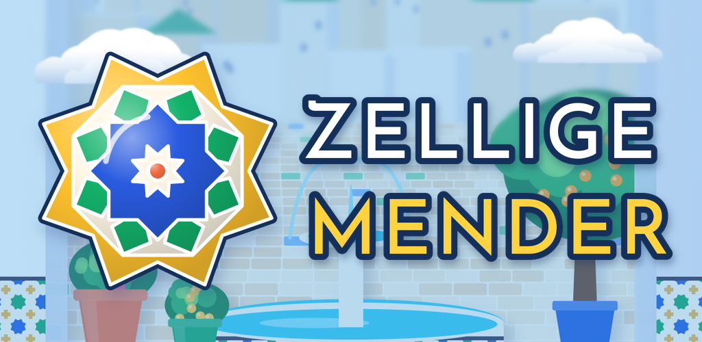 A sunny Fes courtyard with a zellige fountain and the Zellige Mender emblem